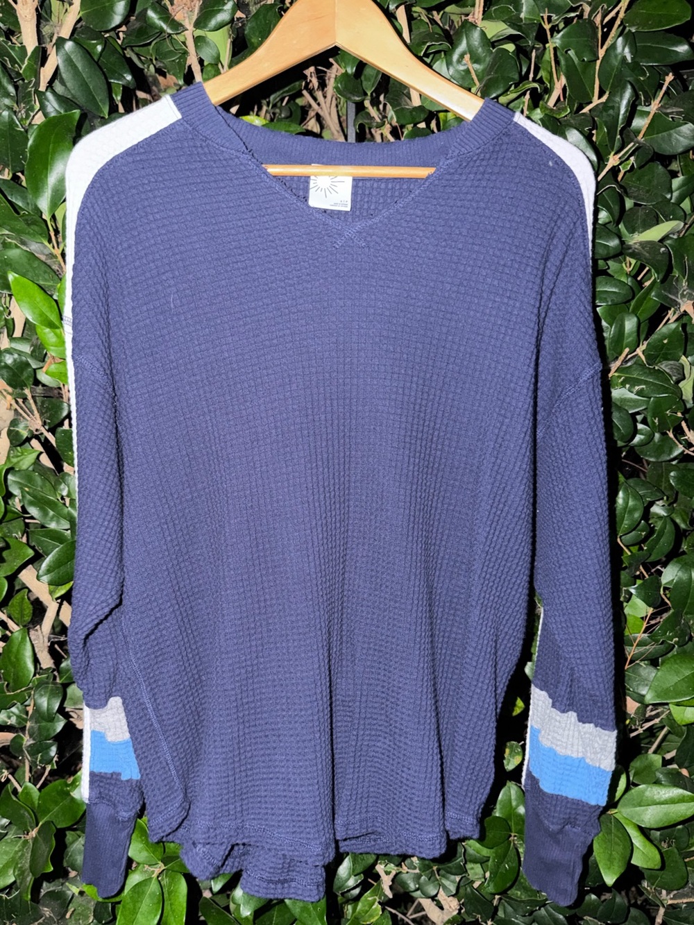 Women's Navy Waffle-Knit Long Sleeve Top with Stripe Accents